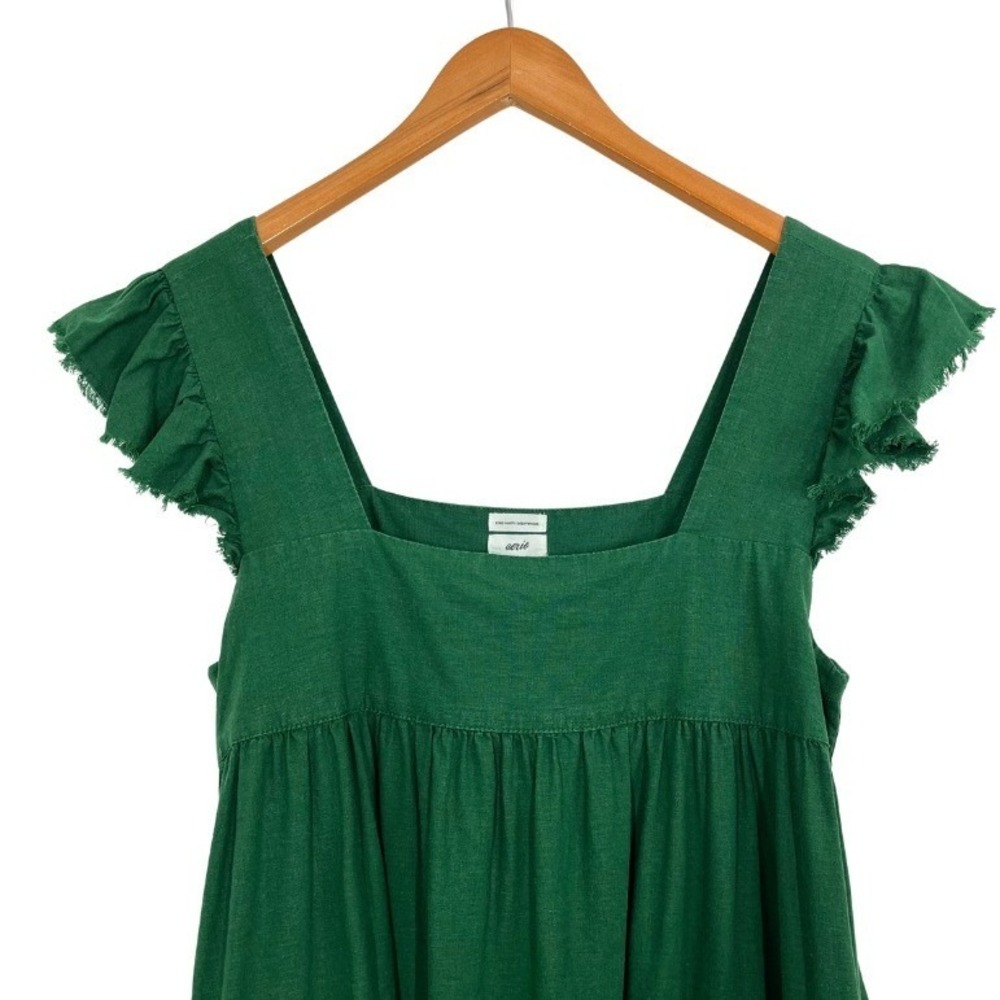 Aerie Womens Forest Green Linen Blend Ruffle Babydoll Mini Dress Size M Pockets - Picture 4 of 11
